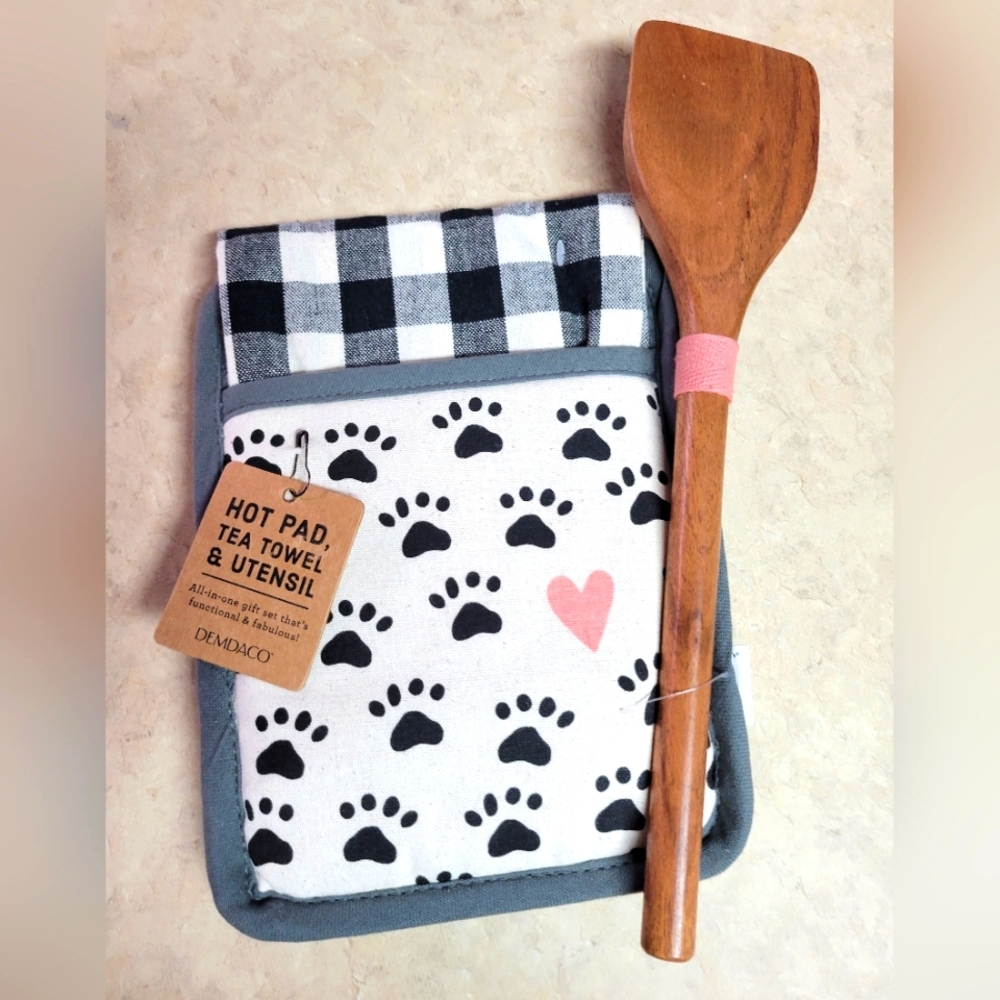 Demdeco Black paw print Hot Pad,tea towel Wooden Utensil